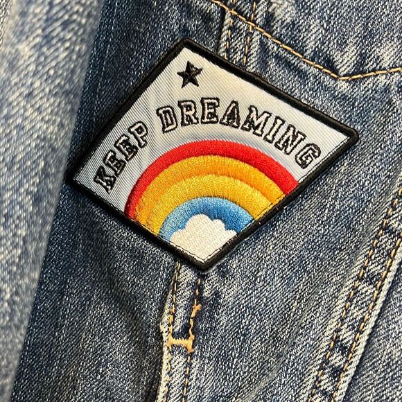 AMERICAN EAGLE Denim Jean Jacket Women's Large Blue Patches Boyfriend Trucker - Picture 7 of 16